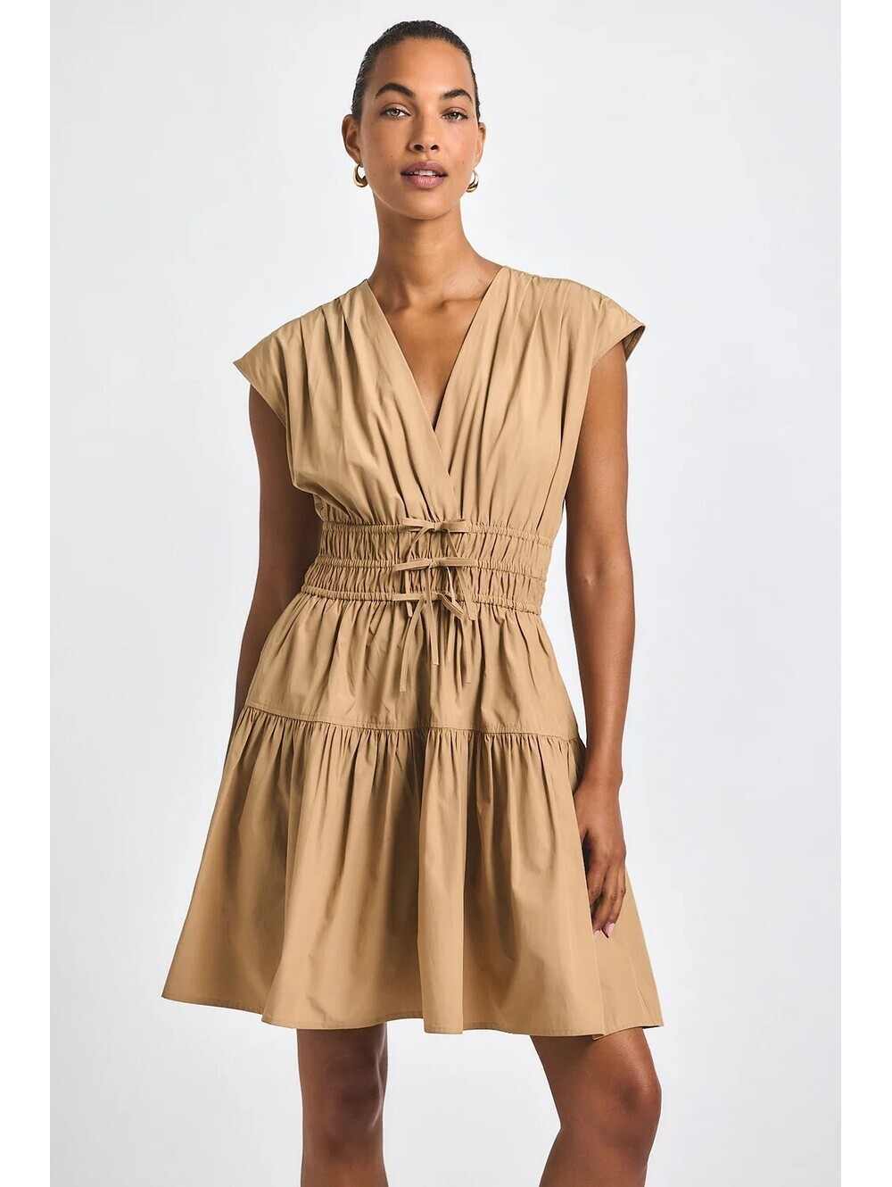 Derek Lam 10 Crosby‎ Tora V-Neck Poplin Mini Dress Camel Tan Smocked Size 2